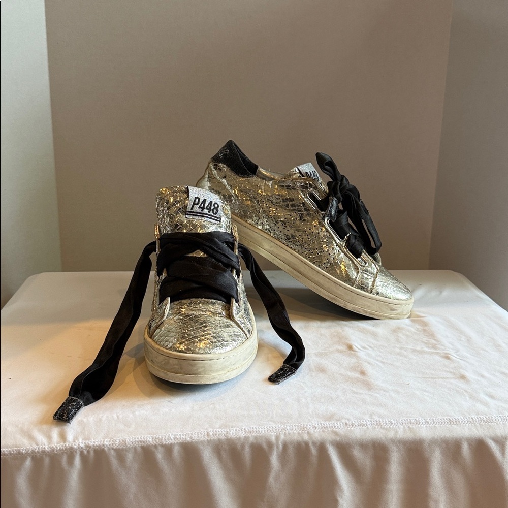 P448 Sneaker sz 37 EUC distressed silver snakeskin with chic satin ribbon laces